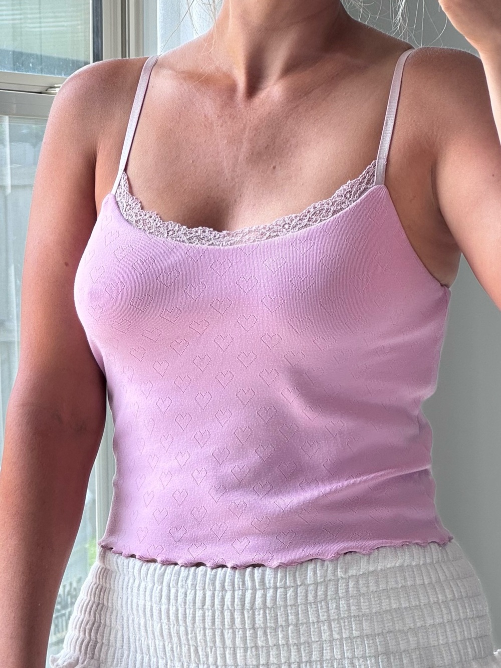 Z Supply Women’s Lace-Trim Soft Pink Heart Cami Sleep Adjustable Strap Tank Top